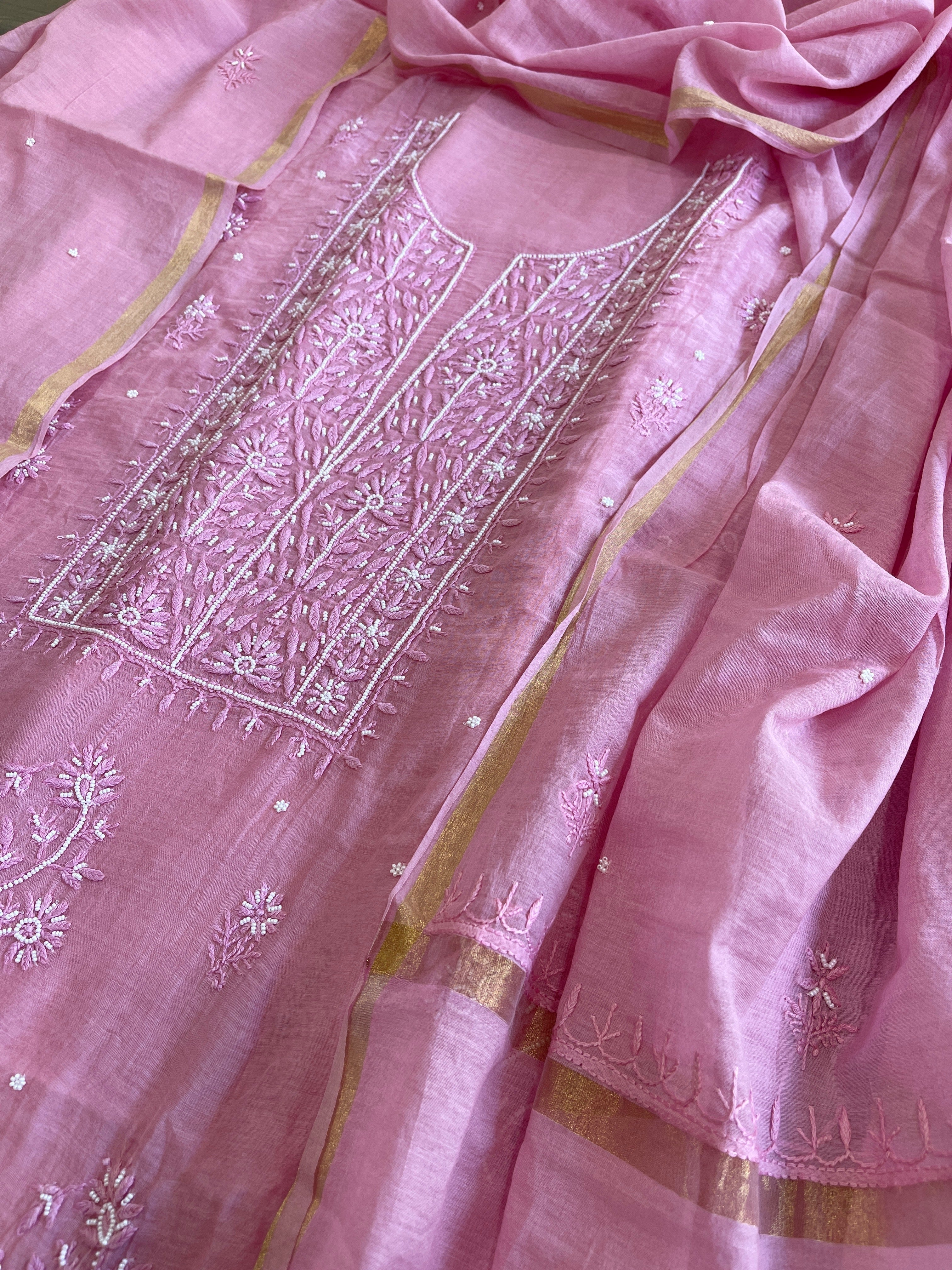 Pink Suit Set with Lucknowi Handwork in Pure Mul Chanderi - Masakalee
