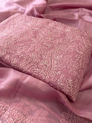 Pink Suit Set with Lucknowi Handwork in Pure Tussar Silk - Masakalee