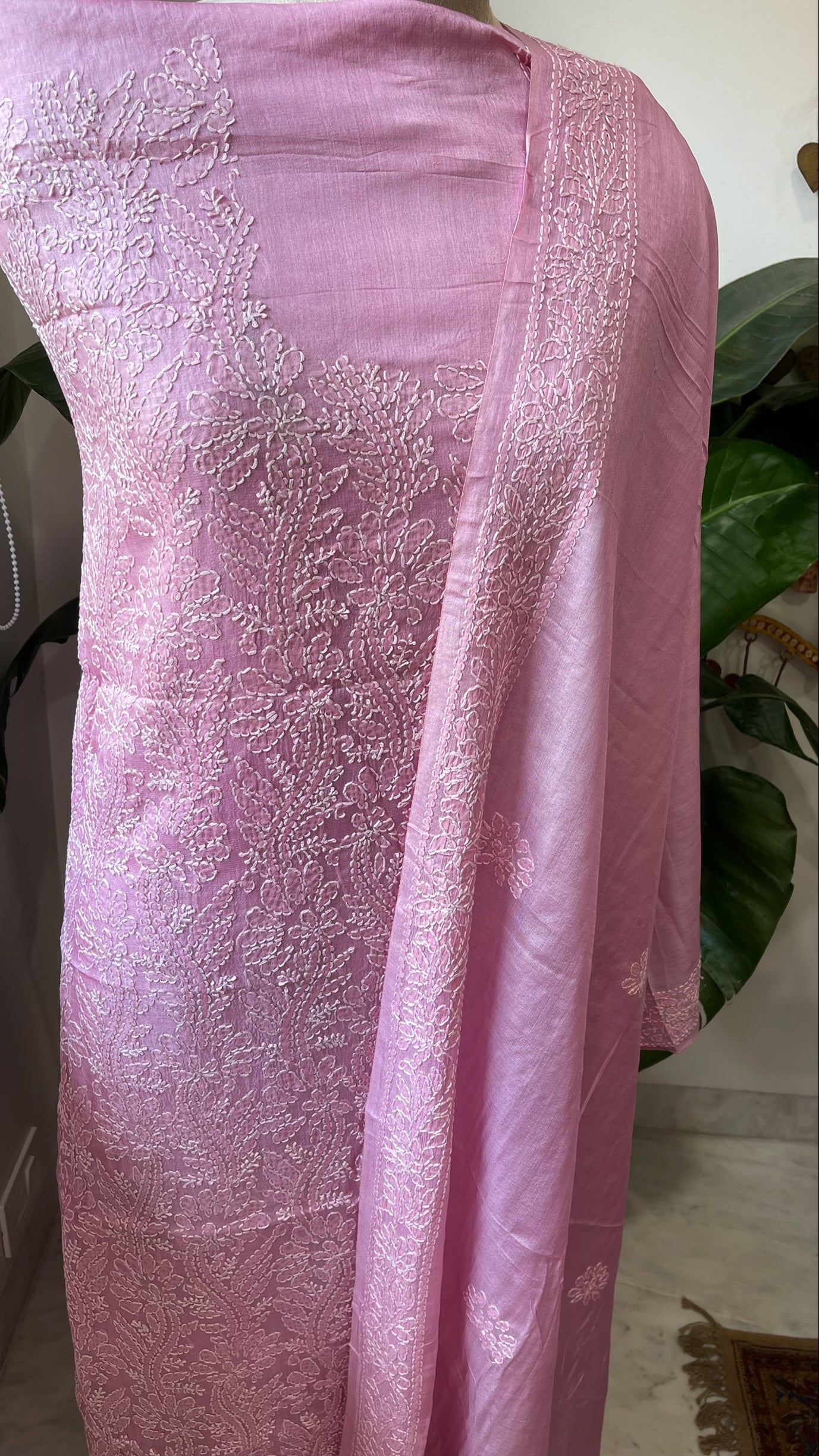 Pink Suit Set with Lucknowi Handwork in Pure Tussar Silk - Masakalee