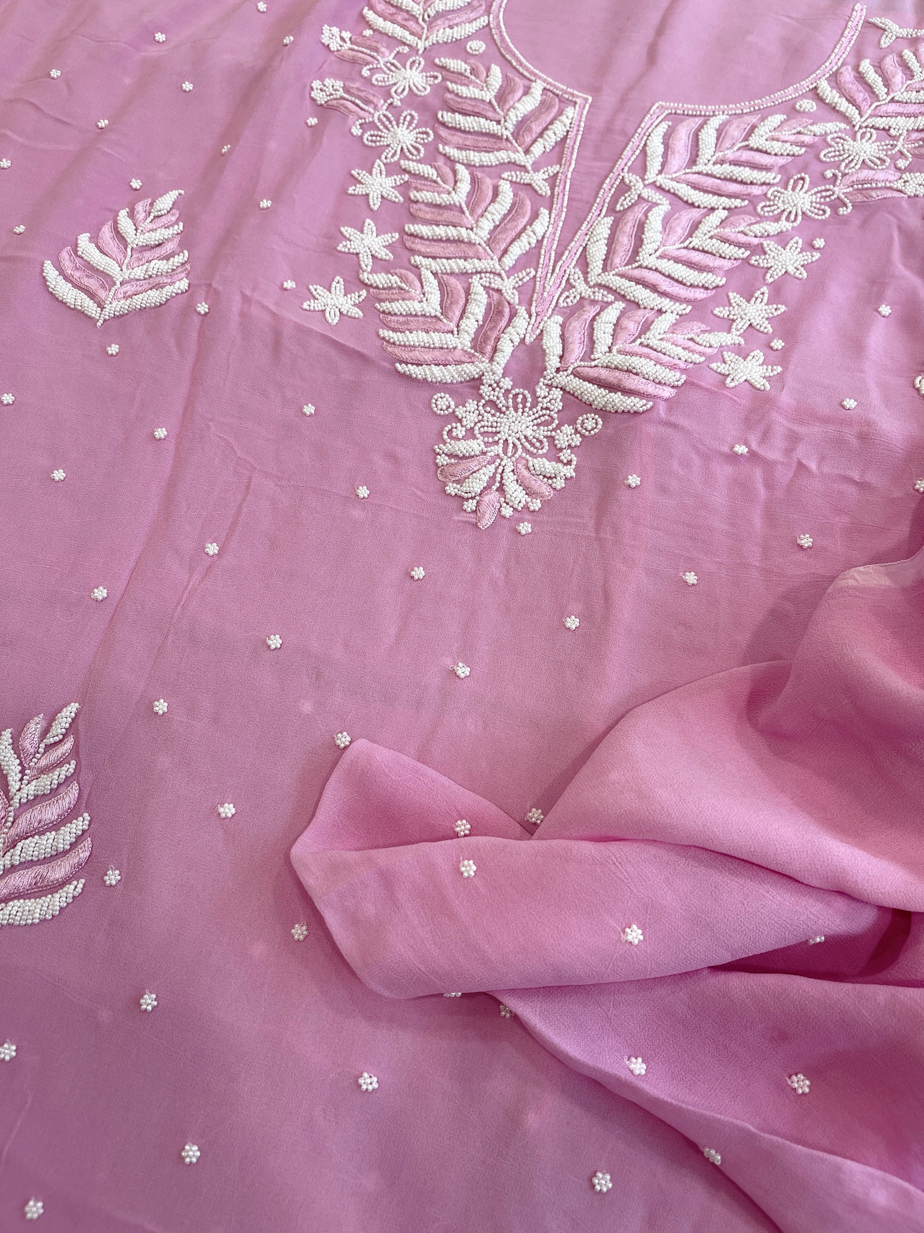 Pink Suit Set with Pearl and Thread Handwork in Georgette - Masakalee