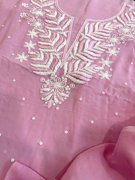 Pink Suit Set with Pearl and Thread Handwork in Georgette - Masakalee