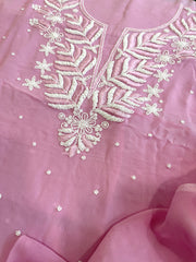 Pink Suit Set with Pearl and Thread Handwork in Georgette - Masakalee