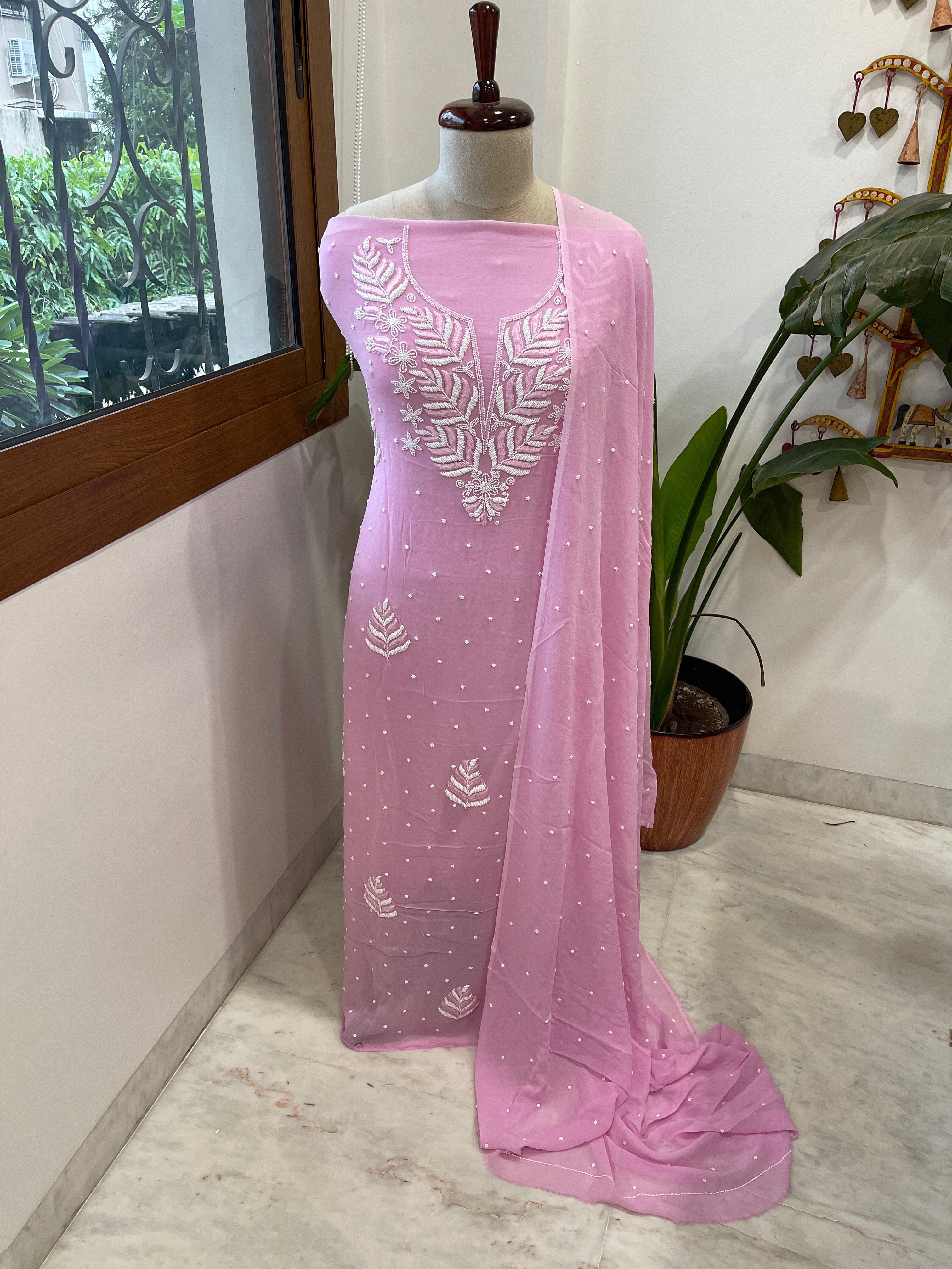Pink Suit Set with Pearl and Thread Handwork in Georgette - Masakalee