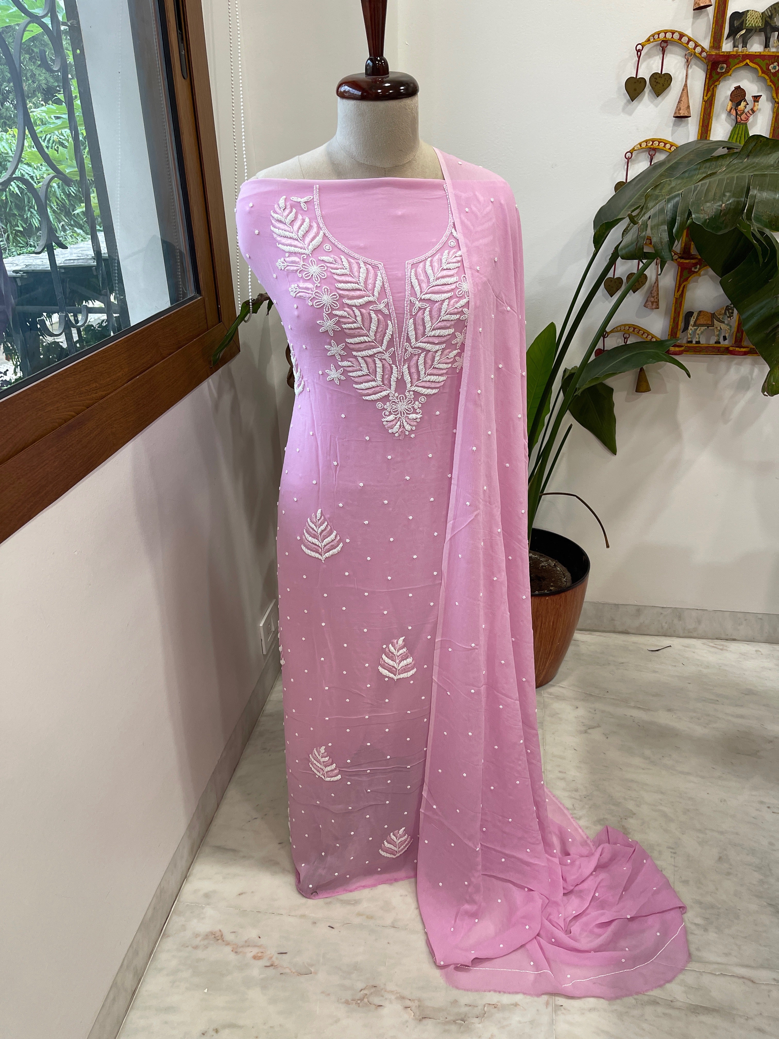 Pink Suit Set with Pearl and Thread Handwork in Georgette - Masakalee