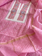 Pink Suit Set with Pearl, Cut Daana and Thread Handwork in Pure Mul Chanderi - Masakalee