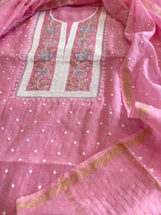 Pink Suit Set with Pearl, Cut Daana and Thread Handwork in Pure Mul Chanderi - Masakalee