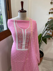 Pink Suit Set with Pearl, Cut Daana and Thread Handwork in Pure Mul Chanderi - Masakalee