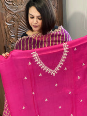 Pink Suit Set with Pitta Work in Pure Tussar Silk - Masakalee