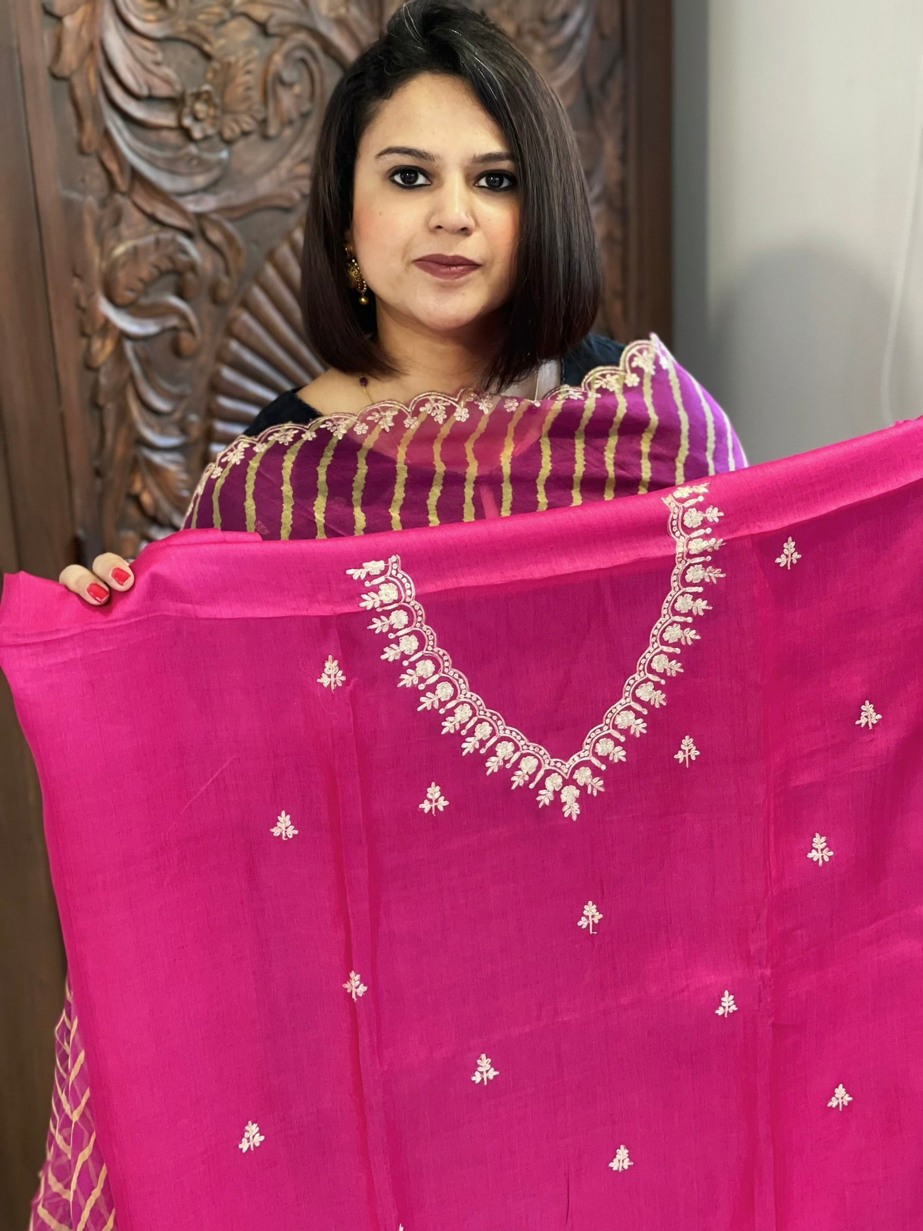 Pink Suit Set with Pitta Work in Pure Tussar Silk - Masakalee