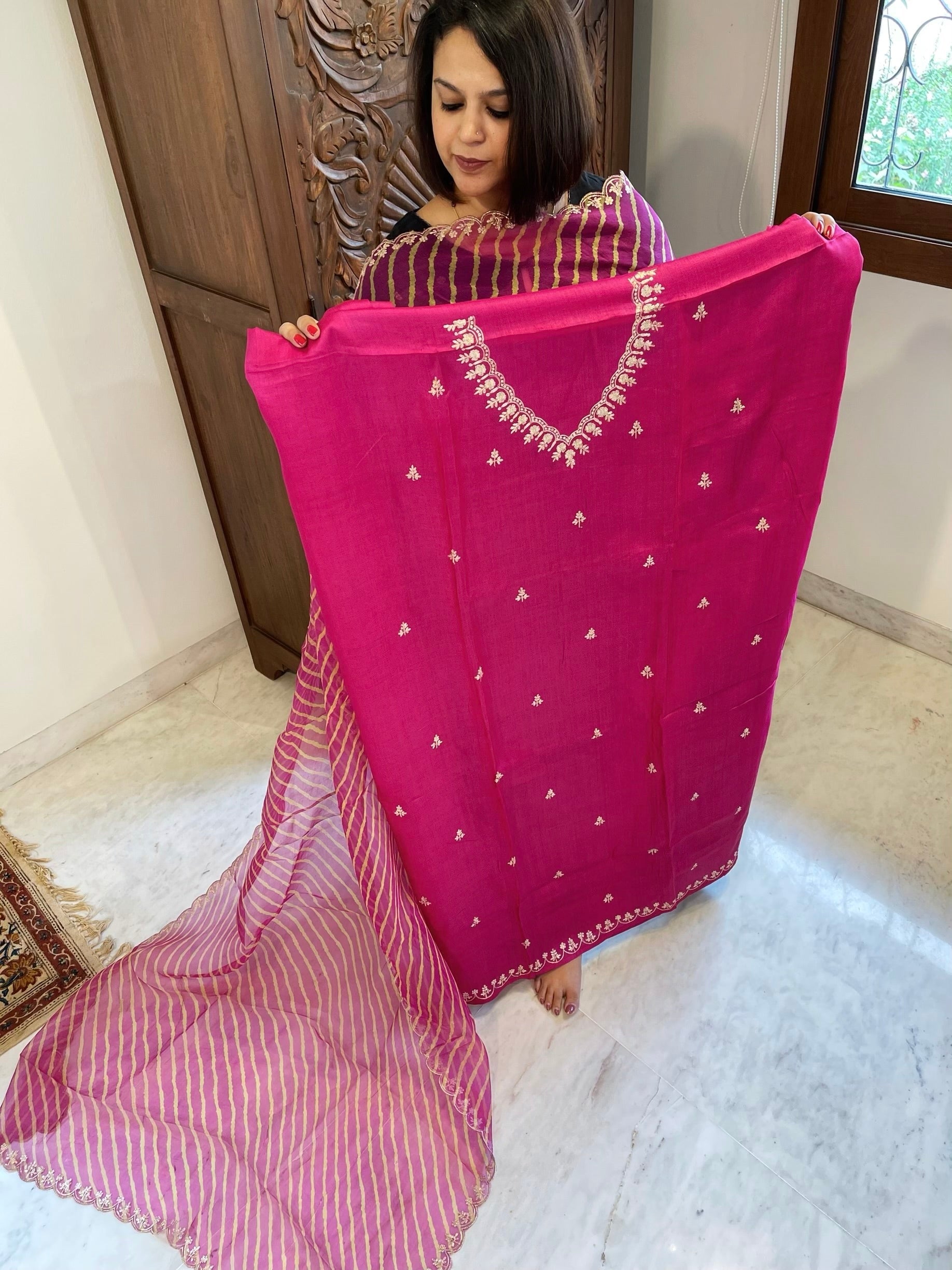 Pink Suit Set with Pitta Work in Pure Tussar Silk - Masakalee