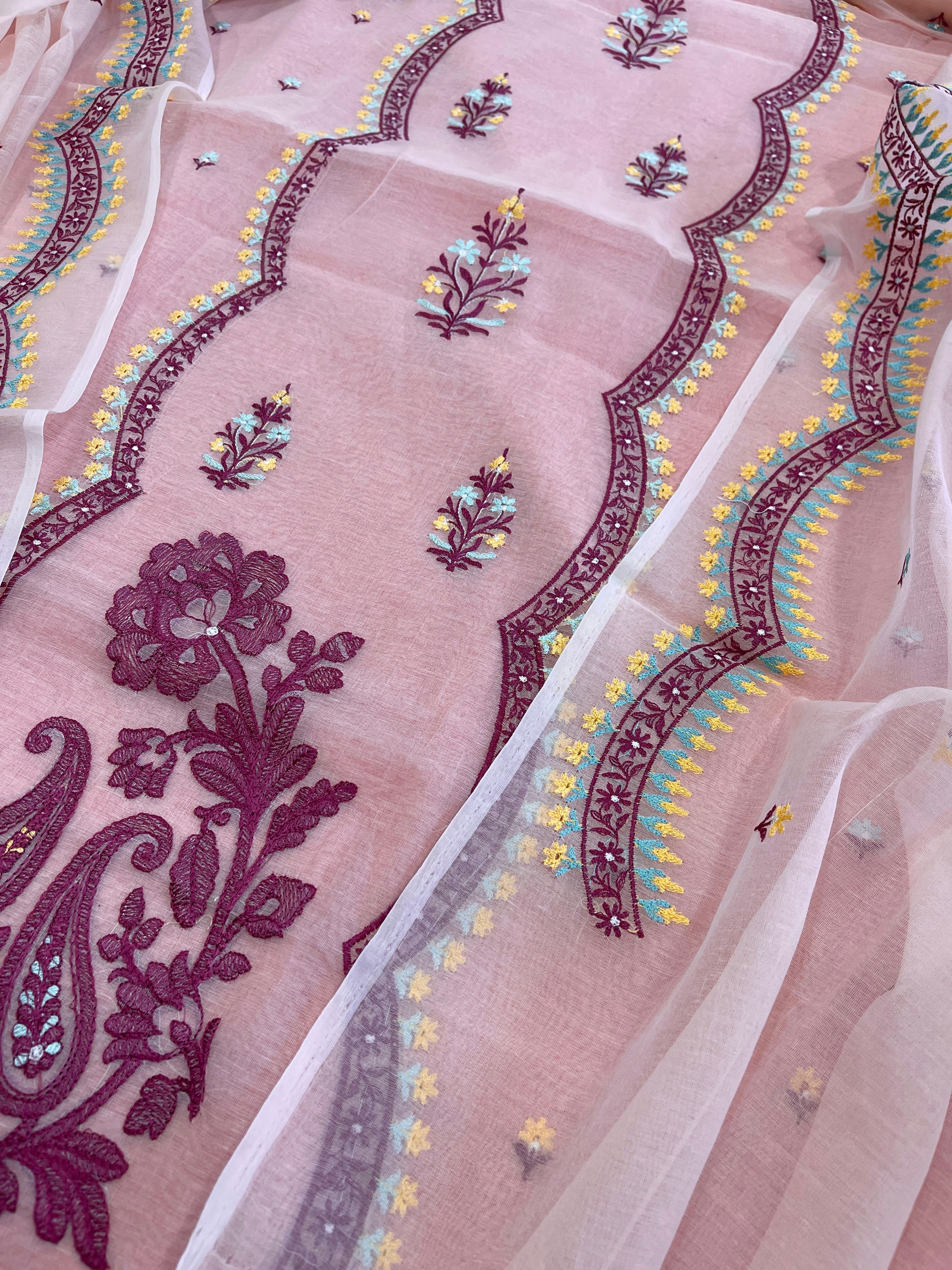 Pink Suit Set with Thread Embroidery in Mul Chanderi - Masakalee