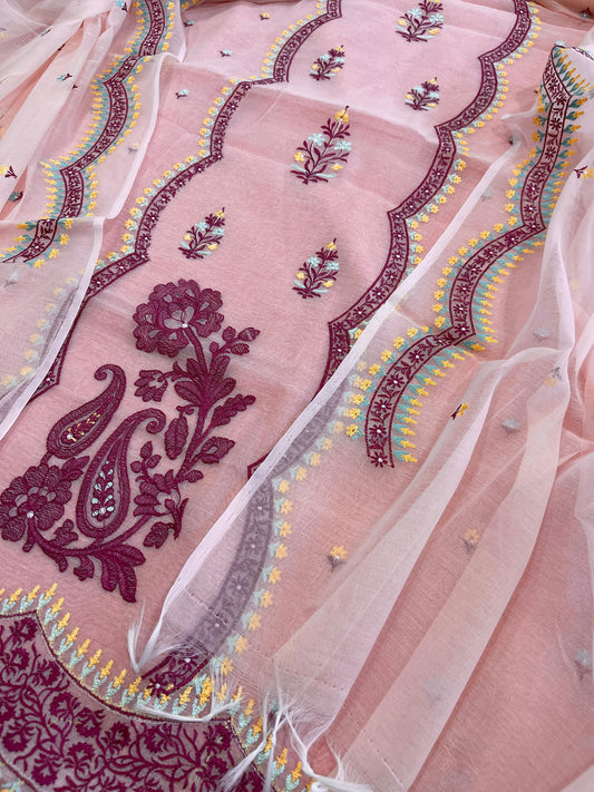 Pink Suit Set with Thread Embroidery in Mul Chanderi - Masakalee