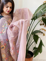 Pink Tissue Organza Dupatta with Handpainted Applique Work - Masakalee