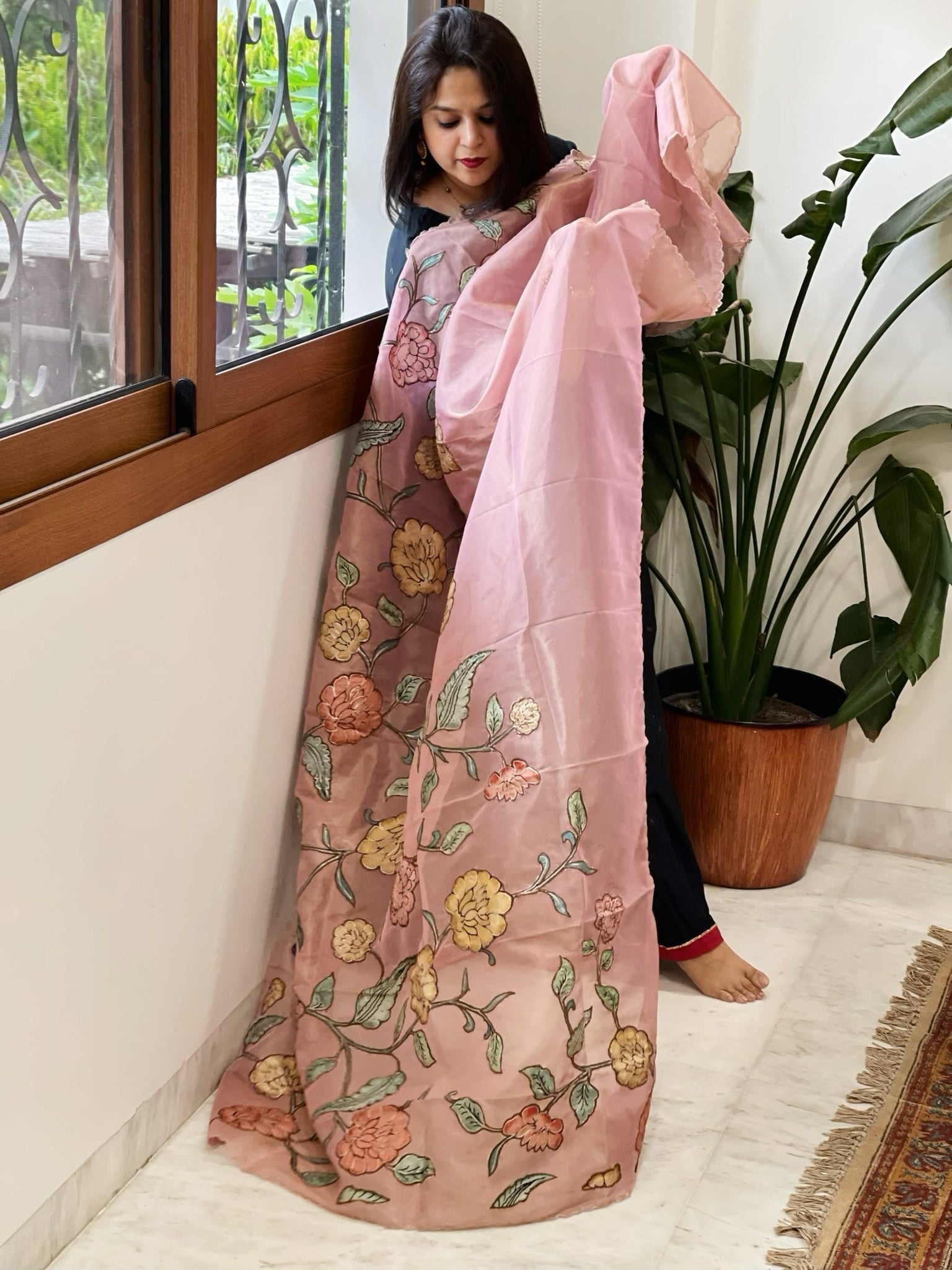 Pink Tissue Organza Dupatta with Handpainted Applique Work - Masakalee
