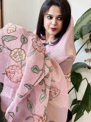 Pink Tissue Organza Dupatta with Handpainted Applique Work - Masakalee