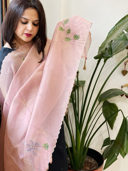 Pink Tissue Organza Dupatta with Handpainted Applique Work - Masakalee