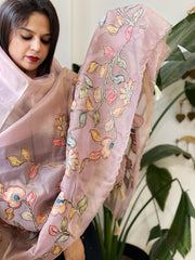 Pink Tissue Organza Dupatta with Handpainted Applique Work - Masakalee