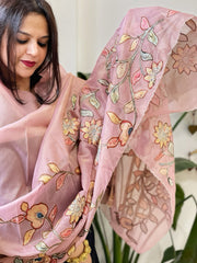 Pink Tissue Organza Dupatta with Handpainted Applique Work - Masakalee