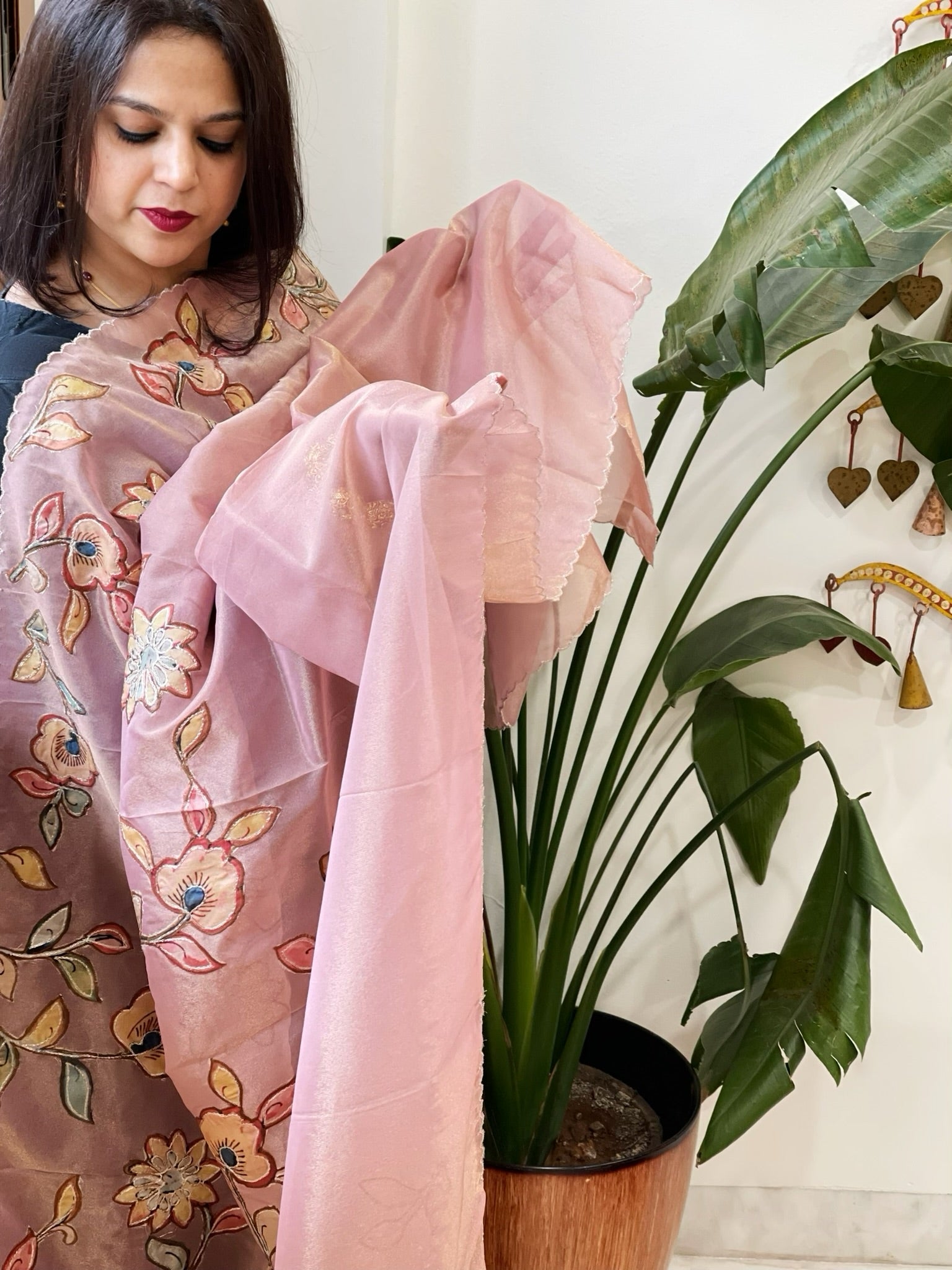 Pink Tissue Organza Dupatta with Handpainted Applique Work - Masakalee