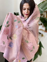 Pink Tissue Organza Dupatta with Handpainted Applique Work - Masakalee