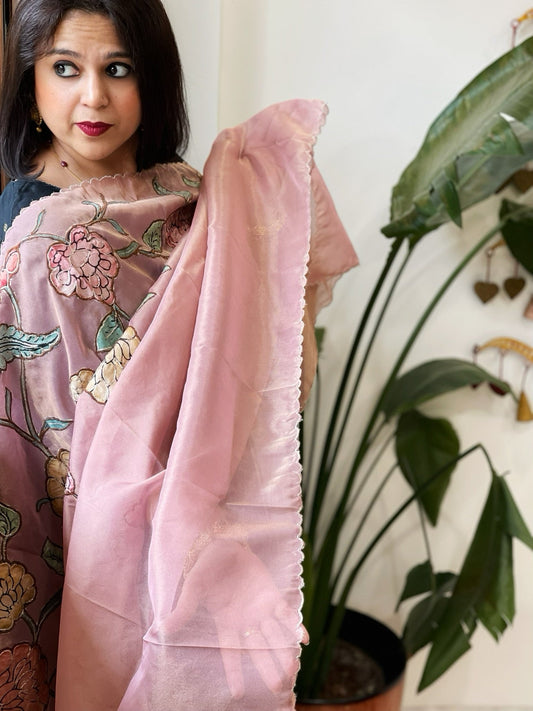 Pink Tissue Organza Dupatta with Handpainted Applique Work - Masakalee