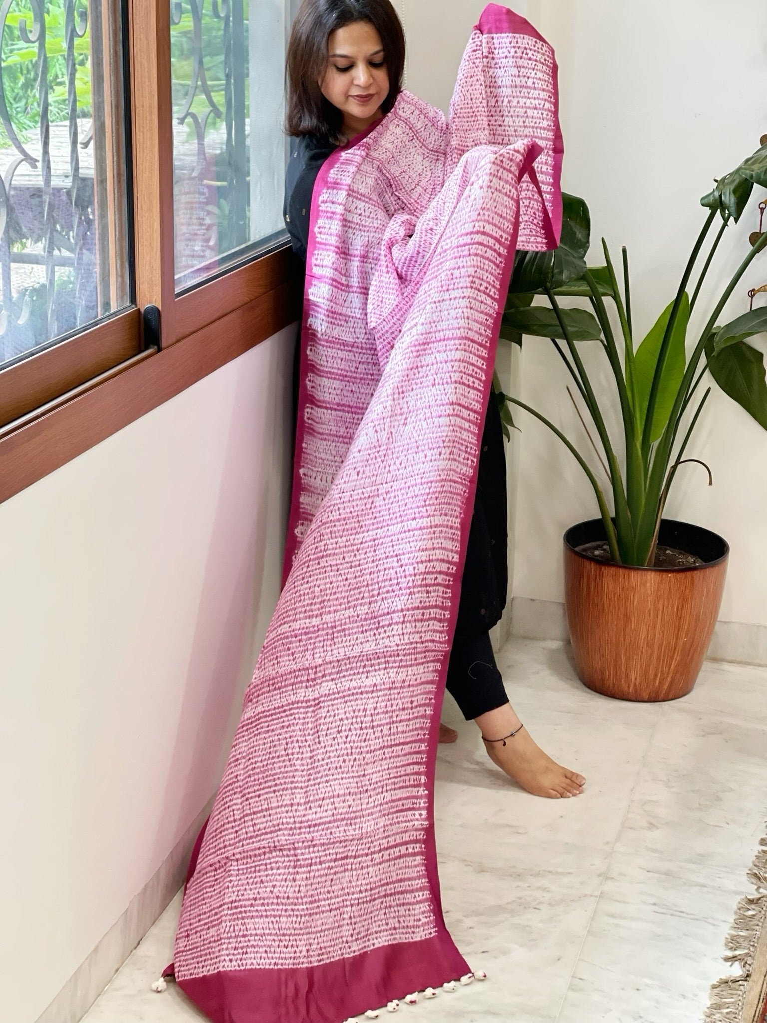 Pink, White Handmade Shibori Dupatta in Eri (Ahimsa) Silk - Masakalee