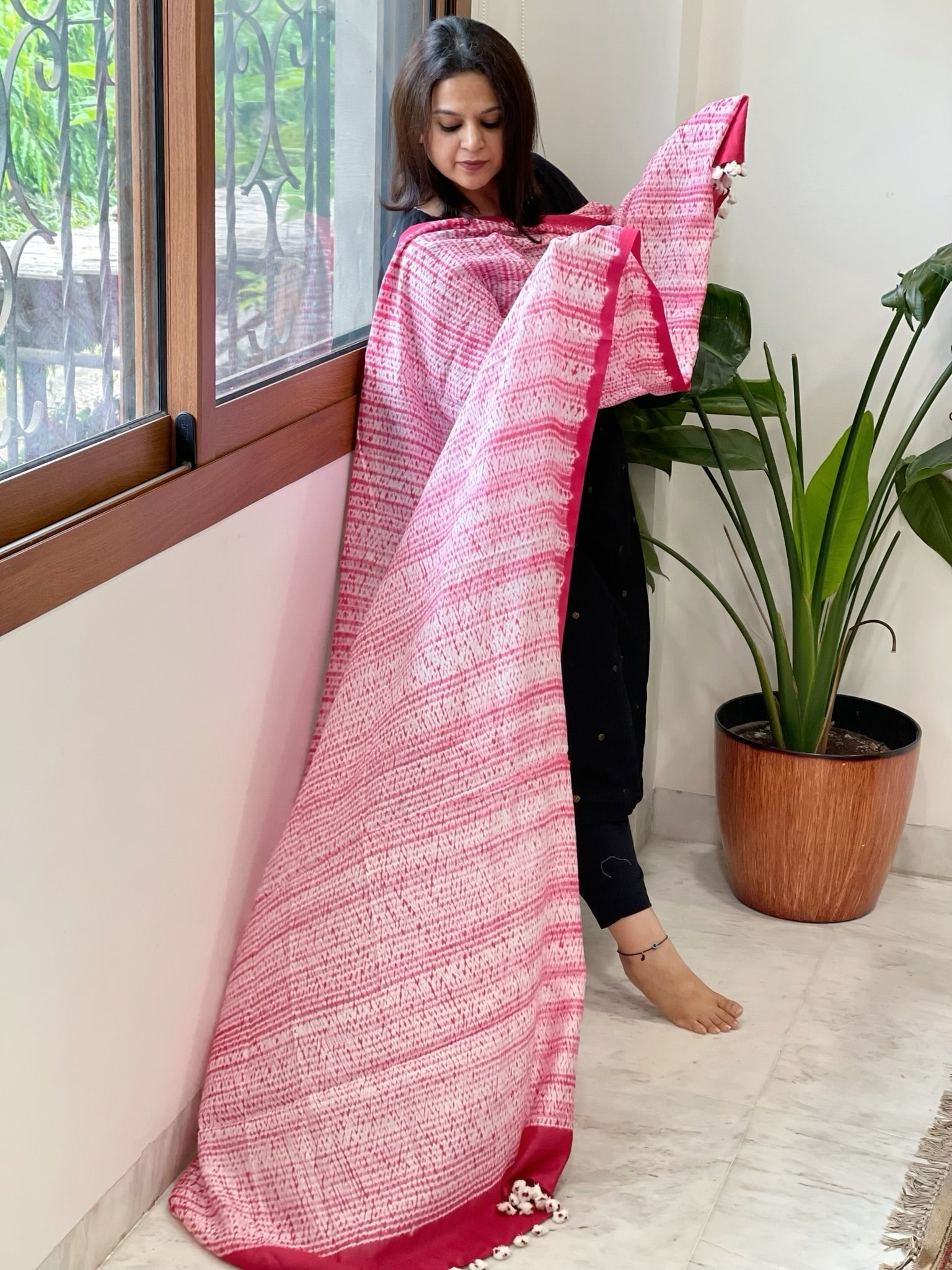 Pink, White Handmade Shibori Dupatta in Eri (Ahimsa) Silk - Masakalee
