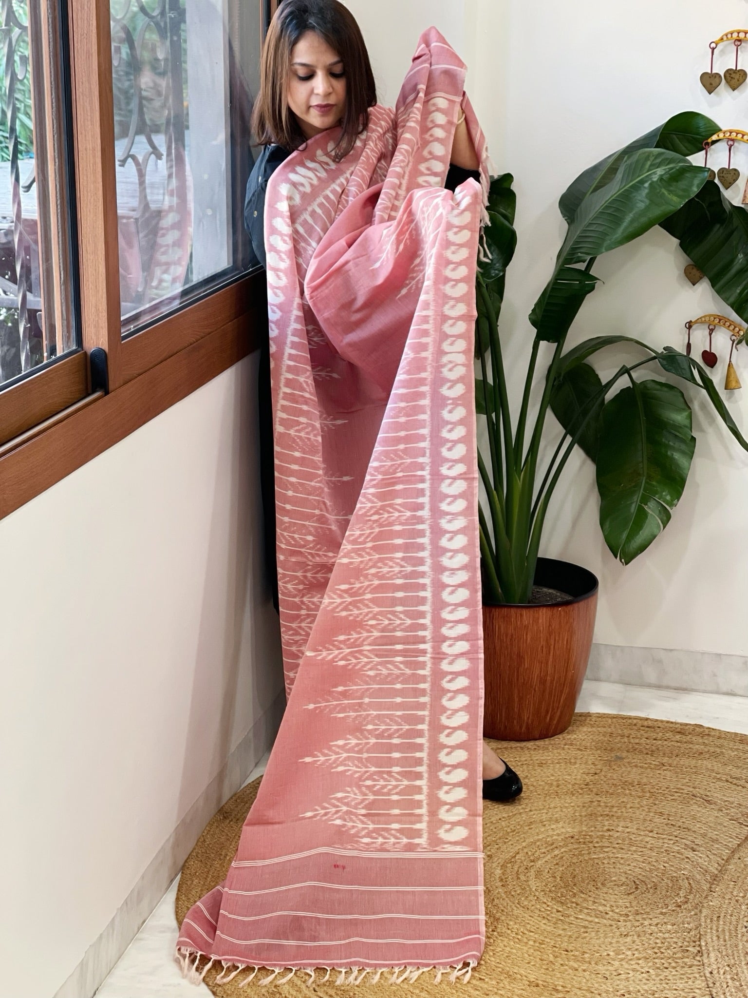 Pink, White Handwoven Ikat Dupatta in Cotton - Masakalee