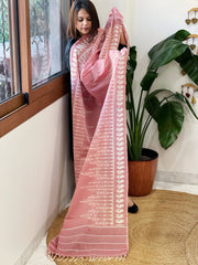 Pink, White Handwoven Ikat Dupatta in Cotton - Masakalee
