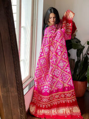 Pink with Red Bandhani Dupatta with Gotapatti Handwork in Pure Silk - Masakalee
