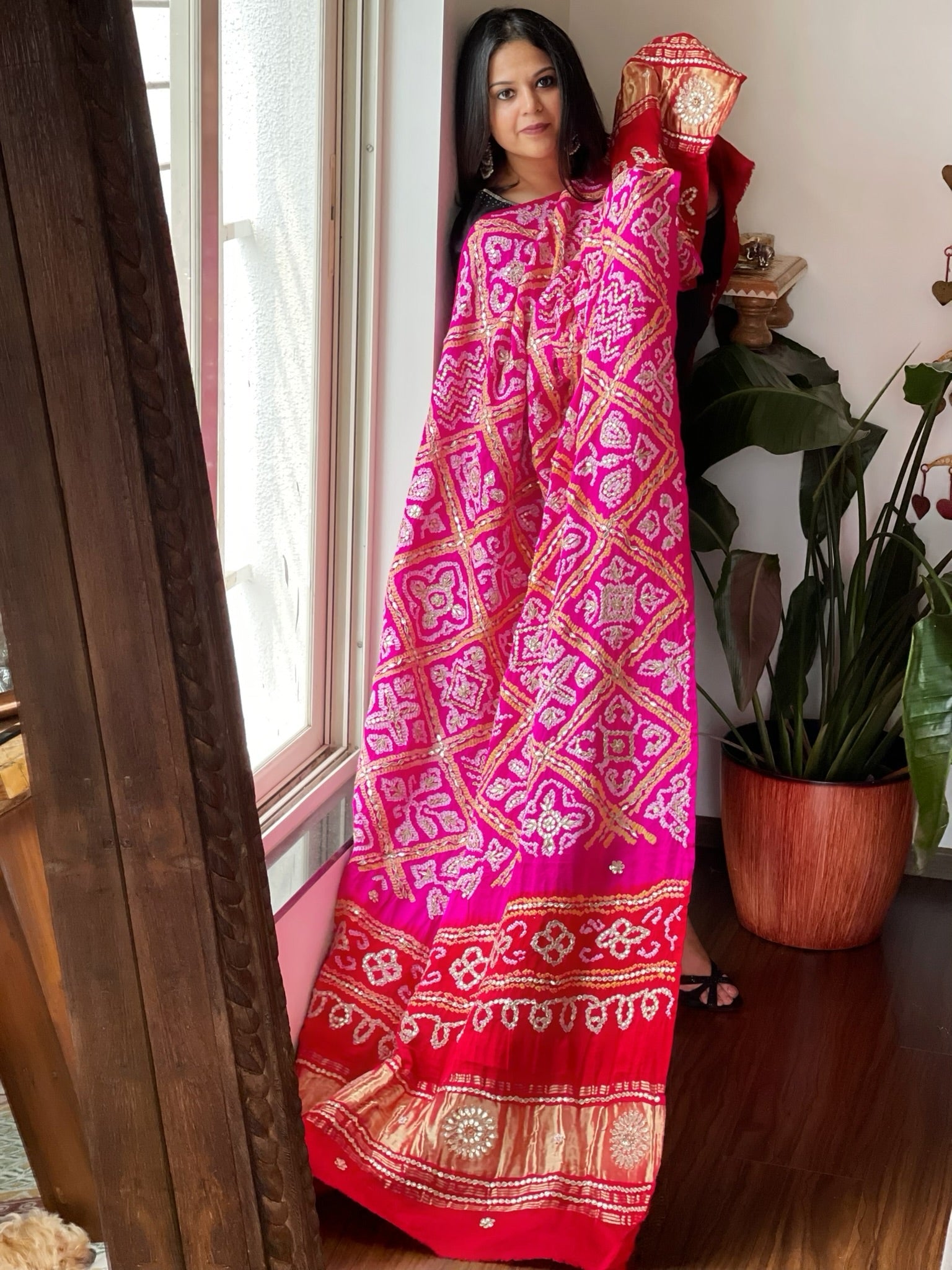 Pink with Red Bandhani Dupatta with Gotapatti Handwork in Pure Silk - Masakalee