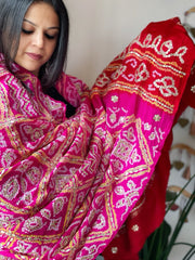 Pink with Red Bandhani Dupatta with Gotapatti Handwork in Pure Silk - Masakalee