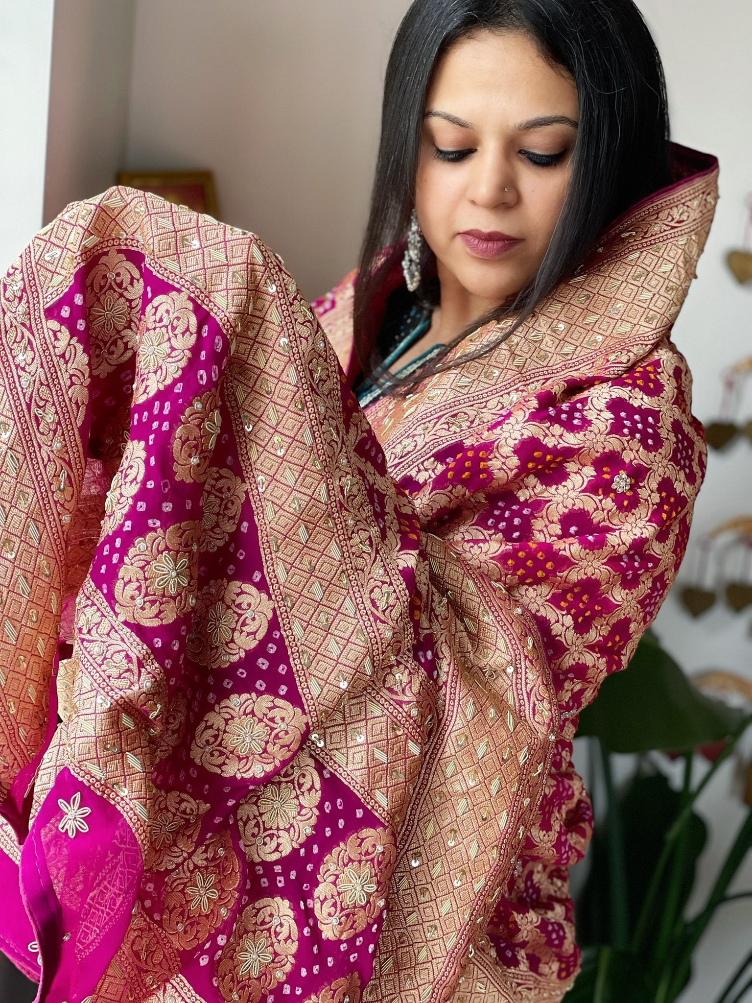 Pink with Wine Handwoven NeemZari Bareek Bandhani with Dabka Handwork in Pure Georgette - Masakalee