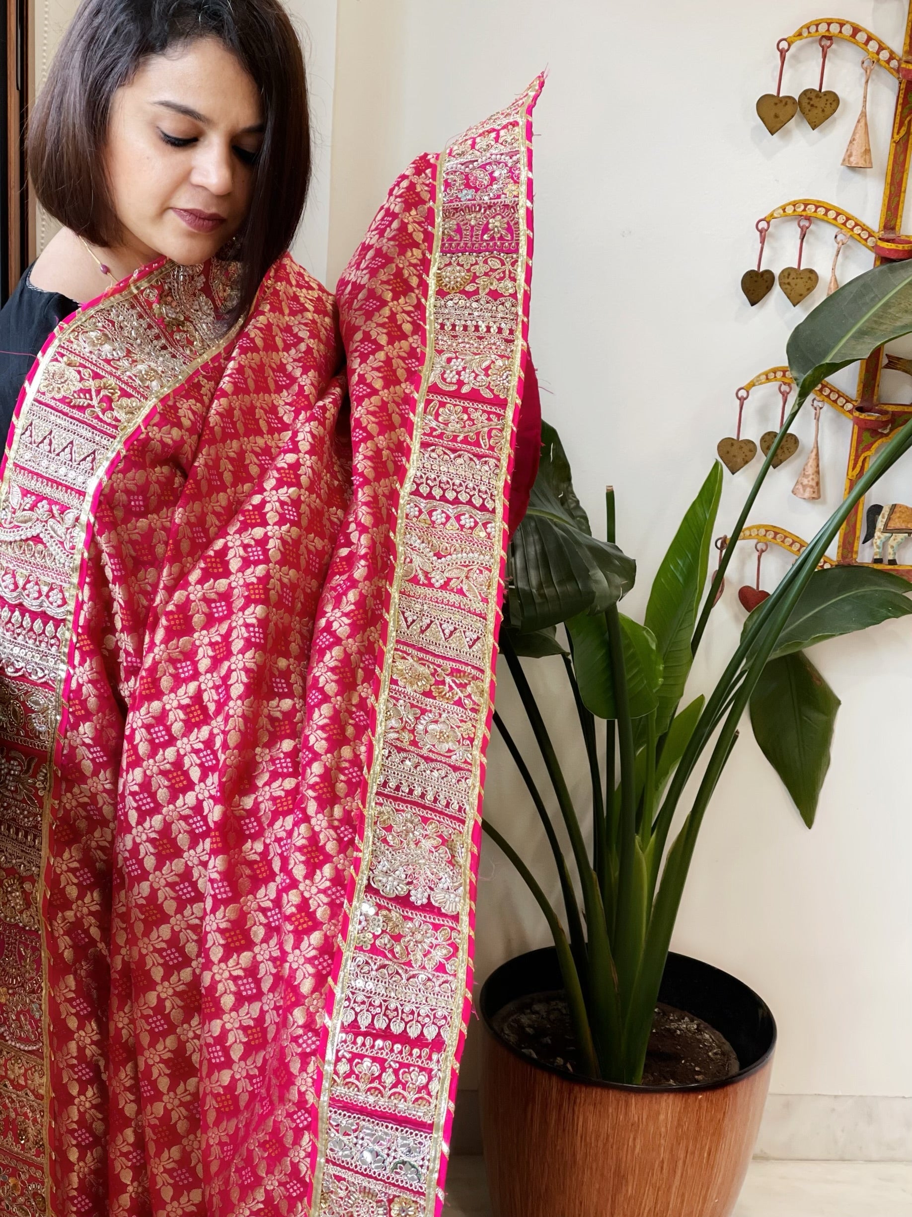 Pink Woven Bandhej Banarasi Dupatta in Fine Georgette with Pearl, Sequin, Dabka Work - Masakalee