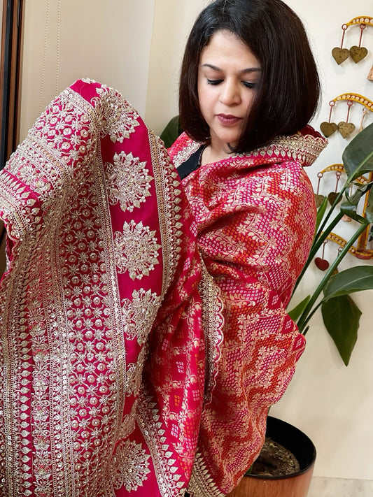 Pink Woven Bandhej Banarasi Dupatta in Fine Georgette with Zardosi Work - Masakalee