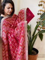 Pink Woven Bandhej Banarasi Dupatta in Fine Georgette with Zardosi Work - Masakalee