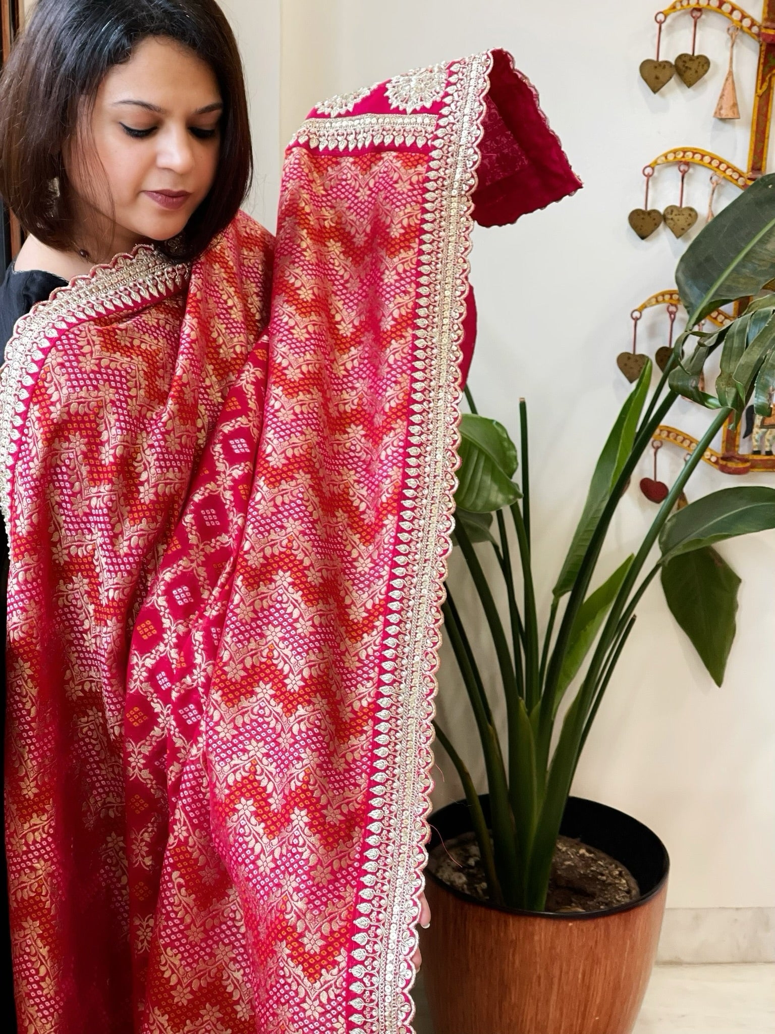 Pink Woven Bandhej Banarasi Dupatta in Fine Georgette with Zardosi Work - Masakalee