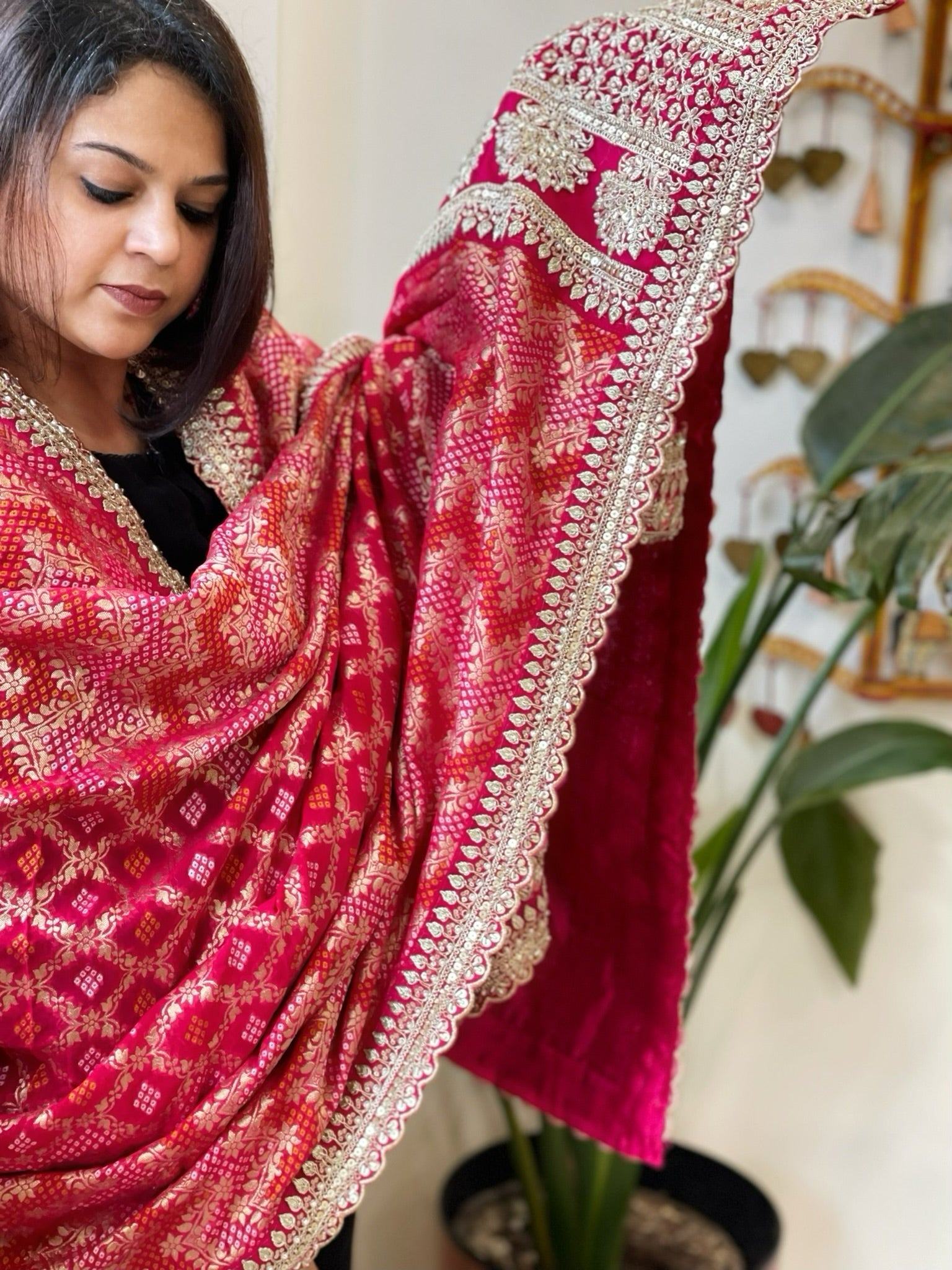 Pink Woven Bandhej Banarasi Dupatta in Fine Georgette with Zardosi Work - Masakalee