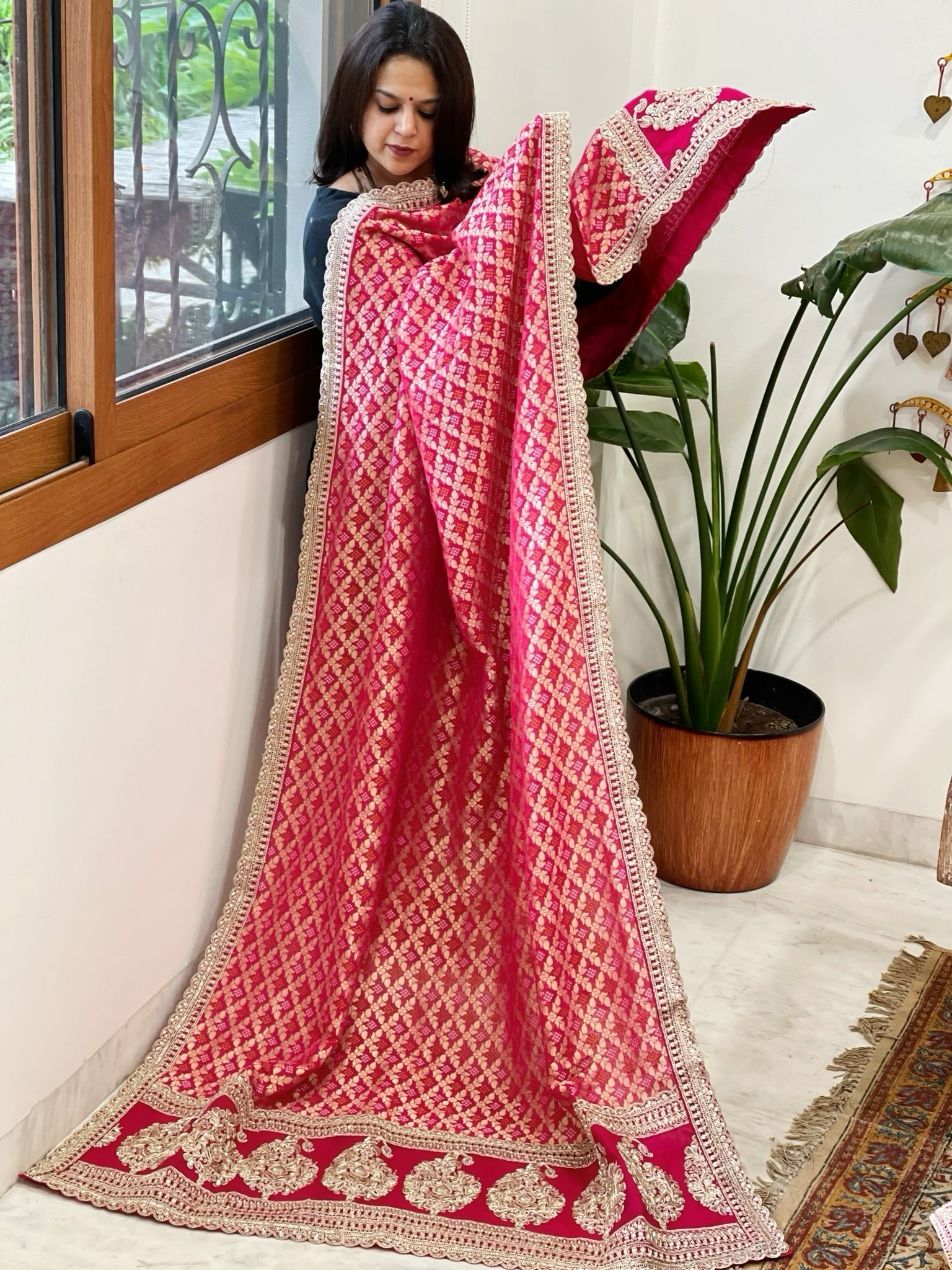 Pink Woven Bandhej Banarasi Dupatta in Fine Georgette with Zardosi Work - Masakalee