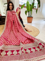 Pink Woven Bandhej Banarasi Dupatta in Fine Georgette with Zardosi Work - Masakalee