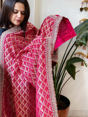 Pink Woven Bandhej Banarasi Dupatta in Fine Georgette with Zardosi Work - Masakalee