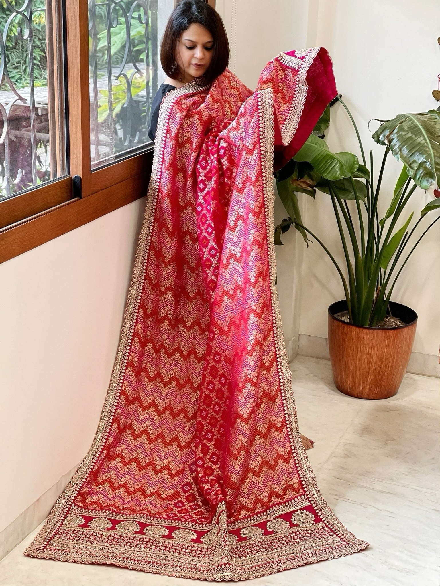 Pink Woven Bandhej Banarasi Dupatta in Fine Georgette with Zardosi Work - Masakalee
