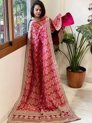 Pink Woven Bandhej Banarasi Dupatta in Fine Georgette with Zardosi Work - Masakalee