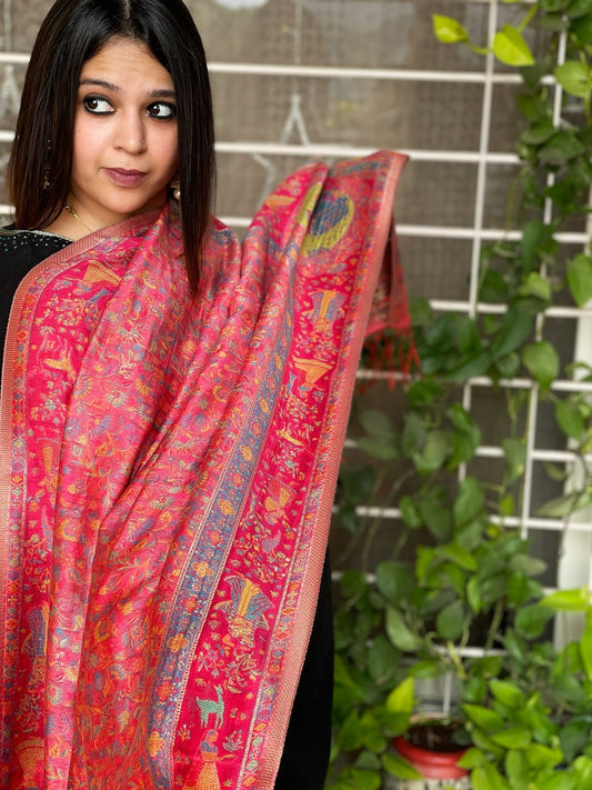 Pink Woven Pure Silk Kaani Dupatta - Masakalee