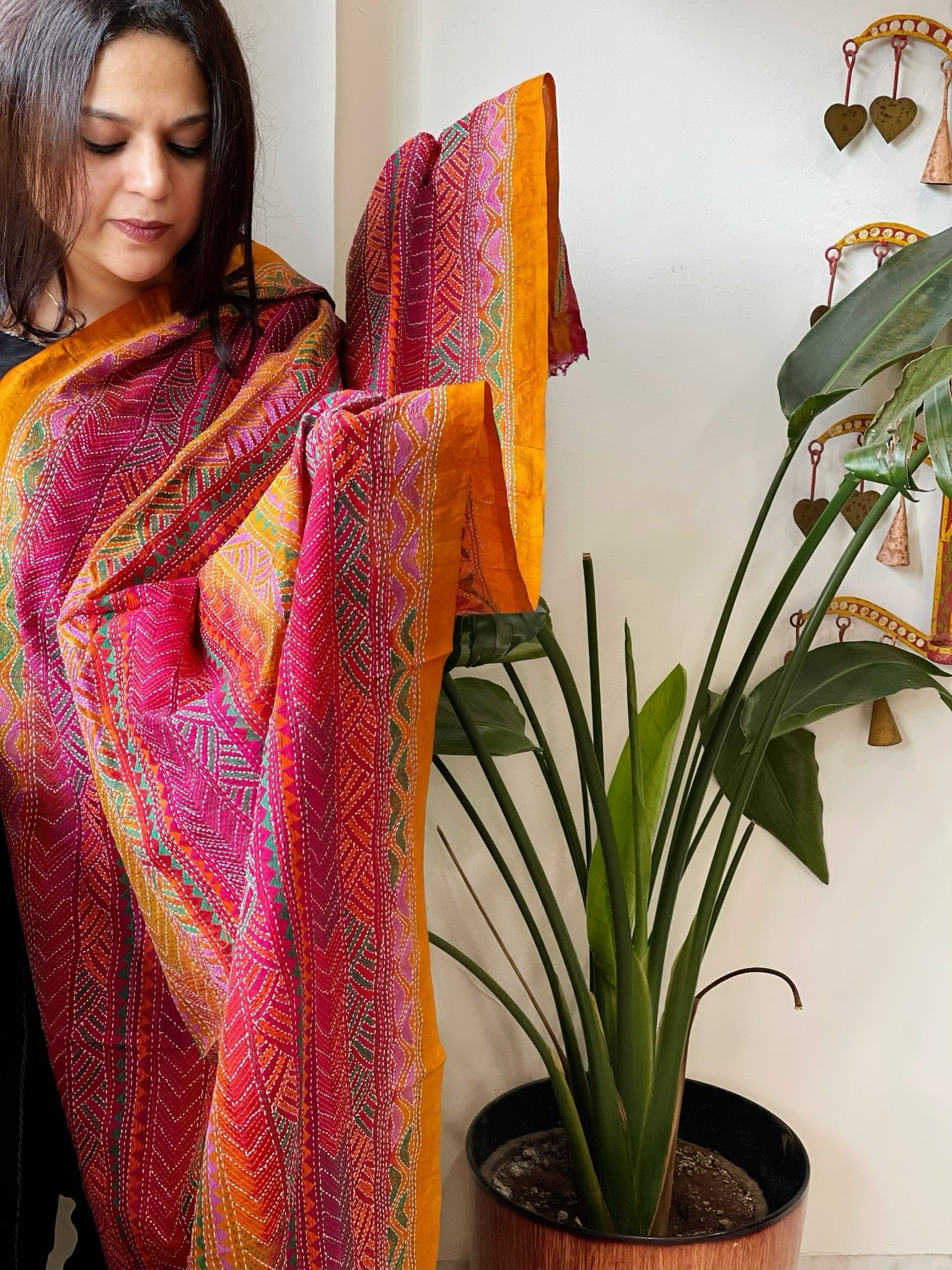 Pink, Yellow Handmade Kantha Dupatta in Silk - Masakalee