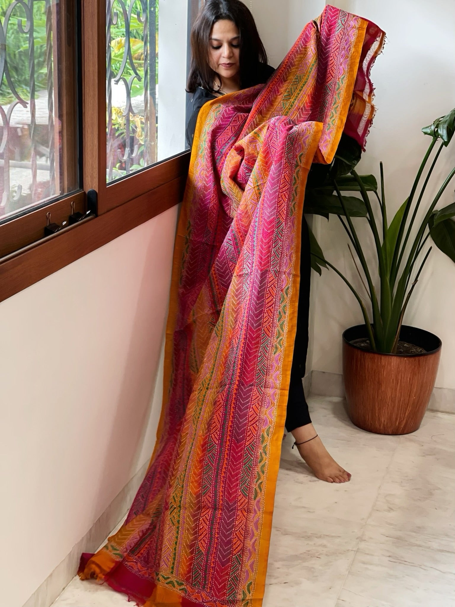 Pink, Yellow Handmade Kantha Dupatta in Silk - Masakalee