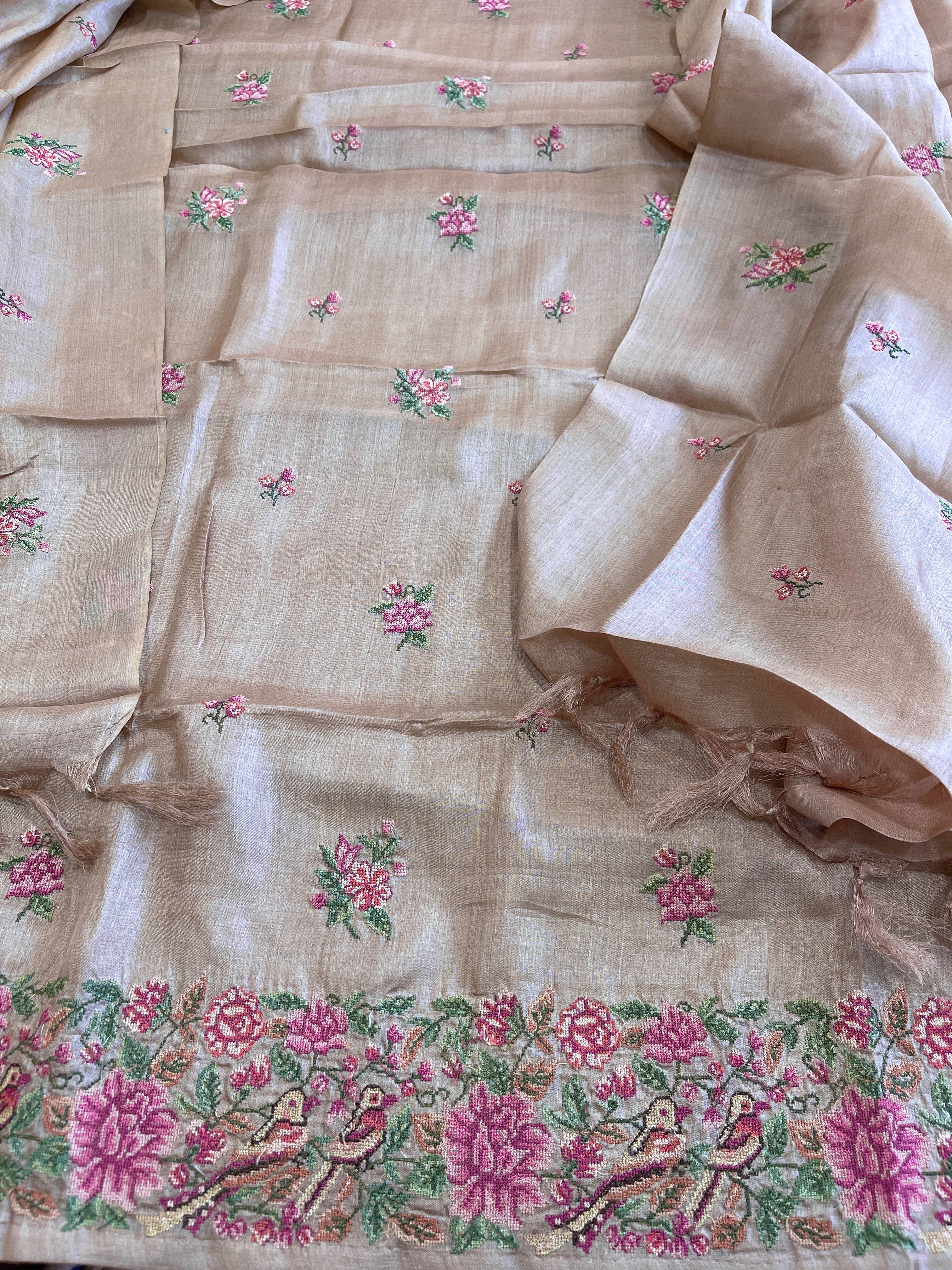 Pinkish Gold Suit Set with Cross-Stitch Embroidery in Pure Tussar Silk - Masakalee
