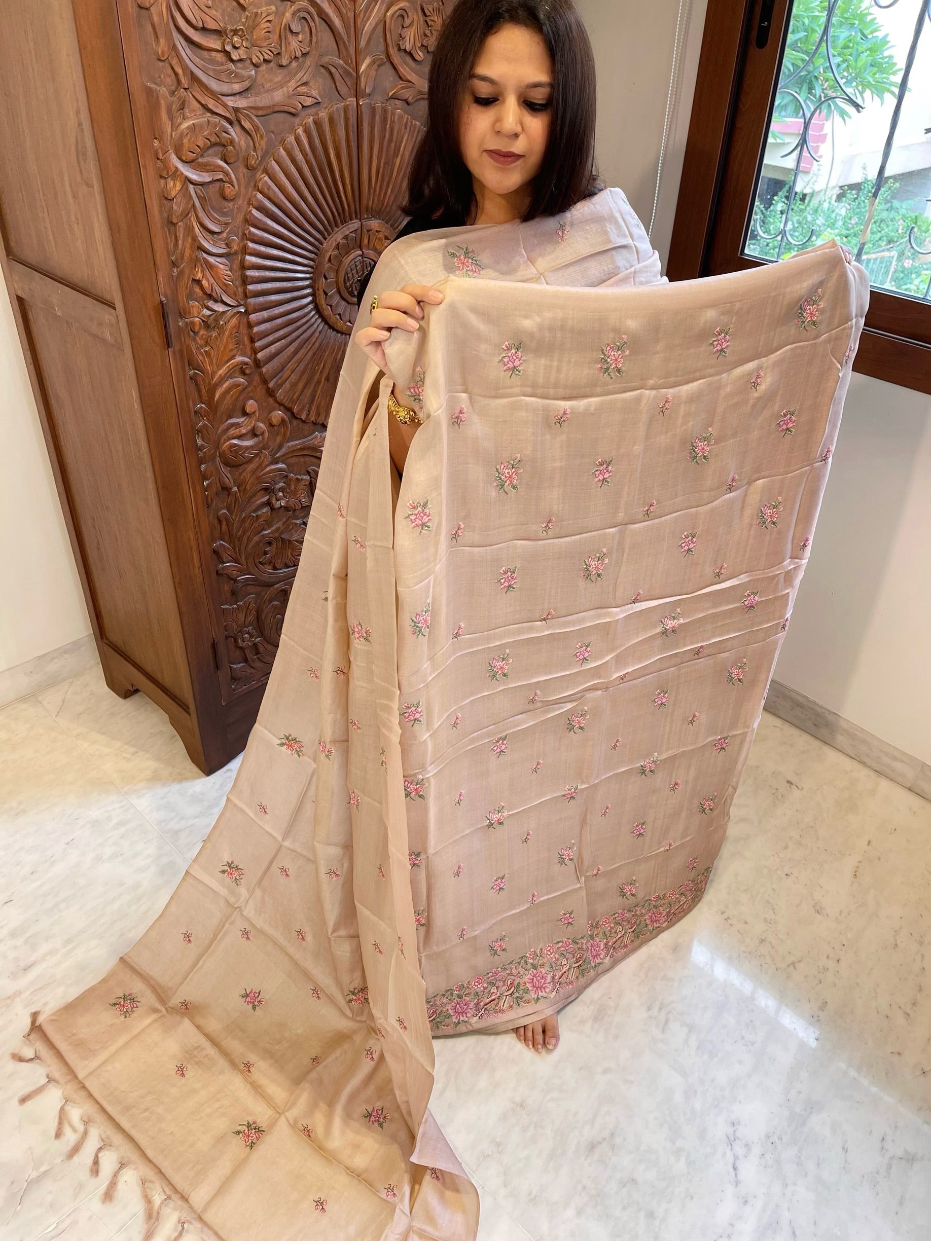 Pinkish Gold Suit Set with Cross-Stitch Embroidery in Pure Tussar Silk - Masakalee