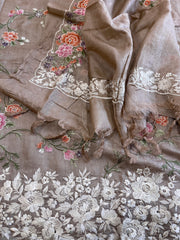Pinkish Gold Suit Set with Thread Embroidery and Parsi Gara Embroidery in Pure Tussar Silk - Masakalee