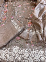 Pinkish Gold Suit Set with Thread Embroidery and Parsi Gara Embroidery in Pure Tussar Silk - Masakalee